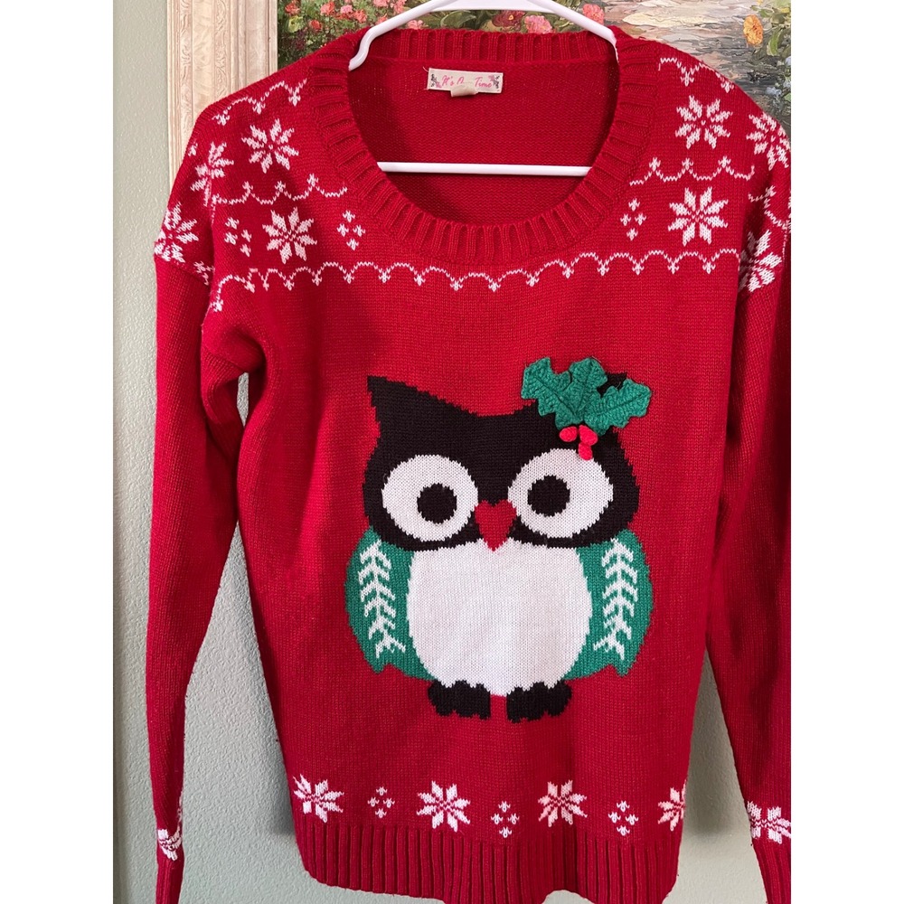 Women's Red Christmas Our Time Holiday Owl Sweater Size Small Ugly Sweater Used